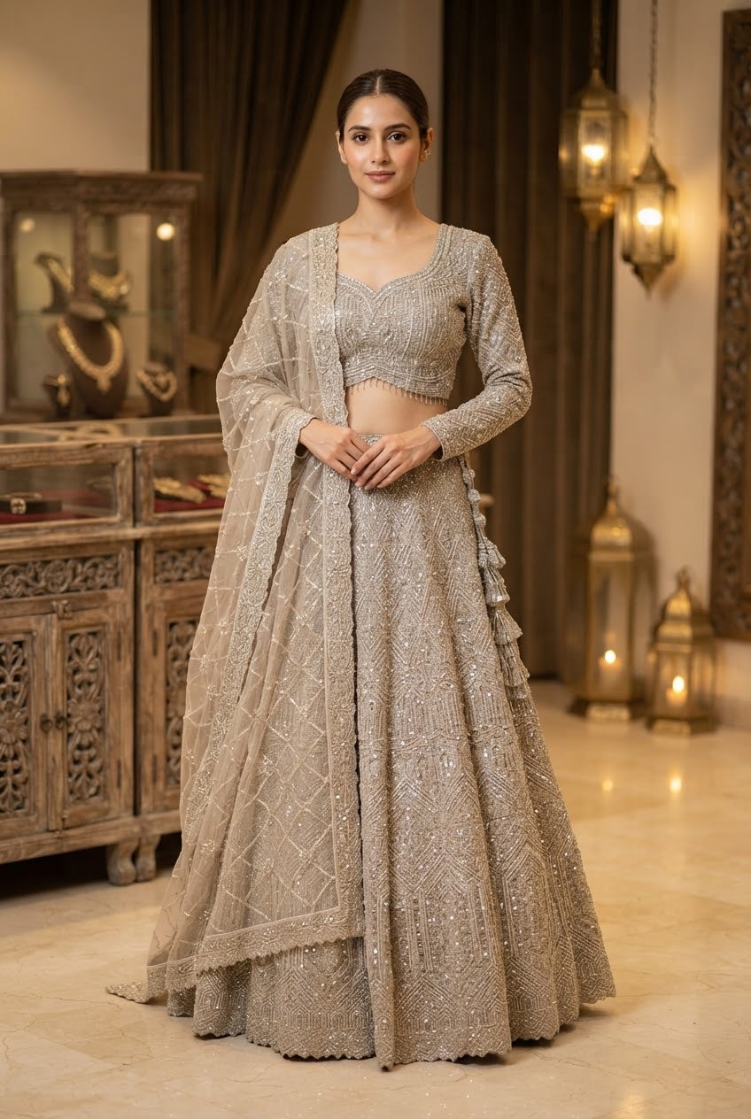 Shagun Mocha Mousse and Gold Ornately Beaded Lehenga Set | Inaayat by Divya Taimni