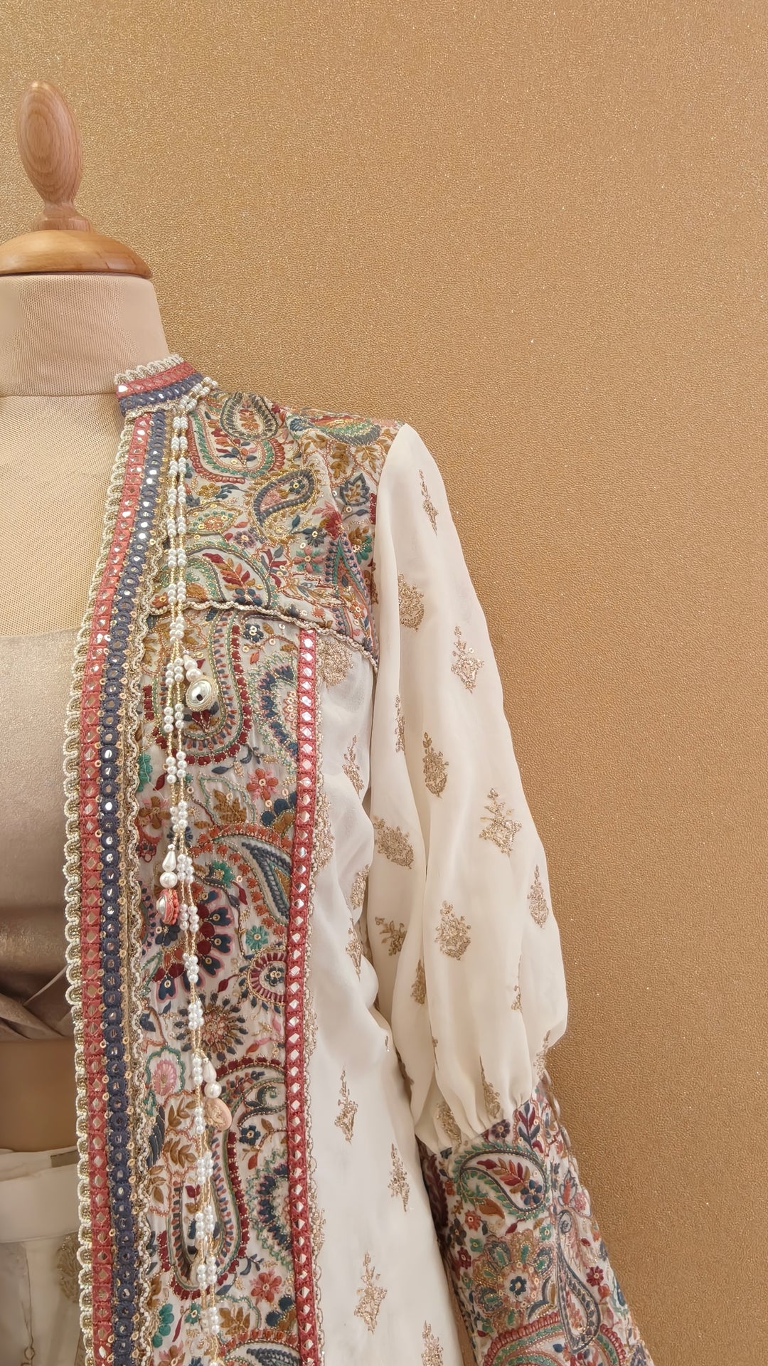 Pastel Threadwork Long Panelled Jacket with Inner Top & Sharara | Private Collection