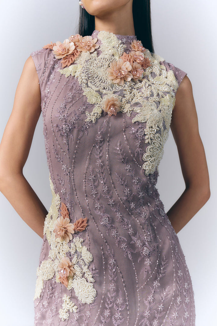 Mauve Embroidered Short Dress|VARUN BAHL