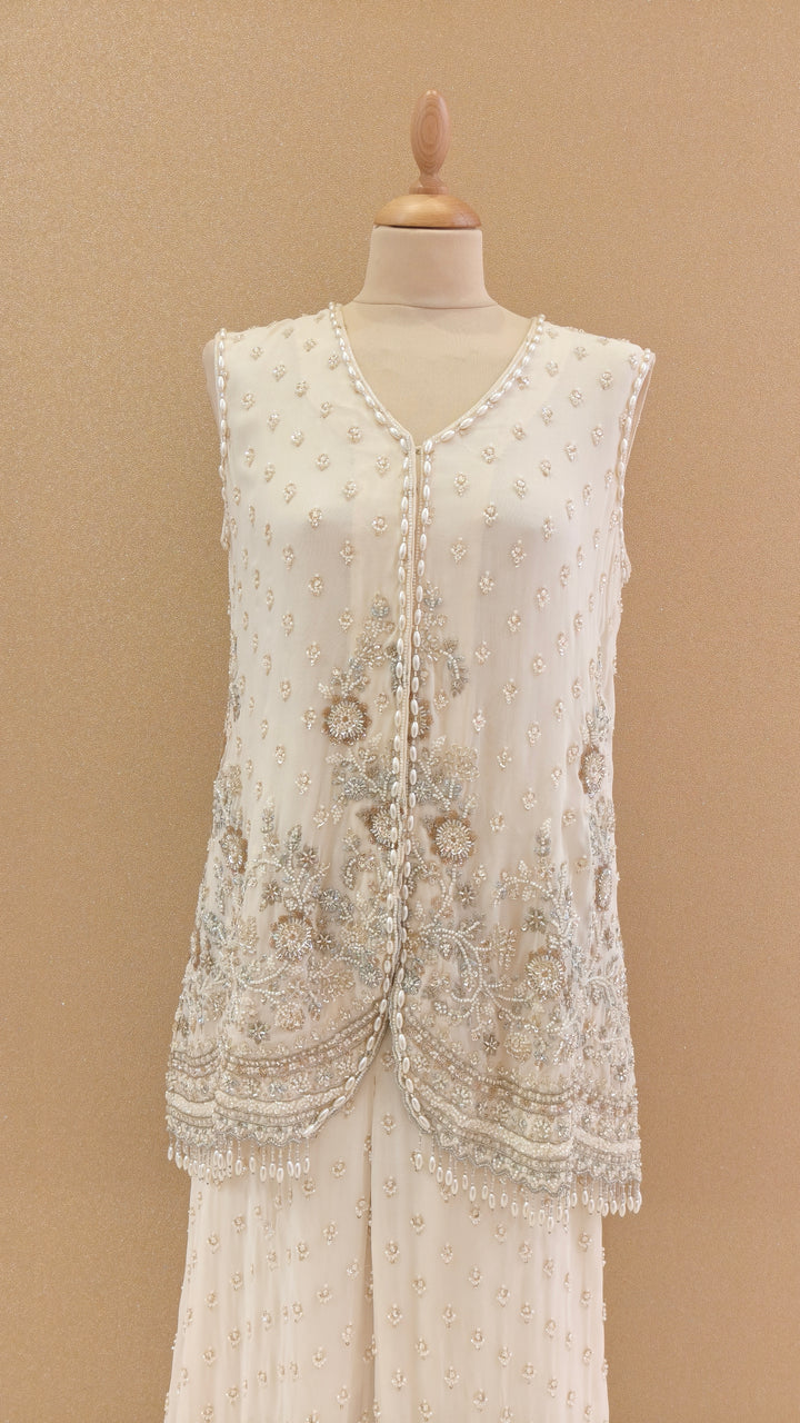 Ivory Embellished Peplum Top with Pants Set | AURAROZE