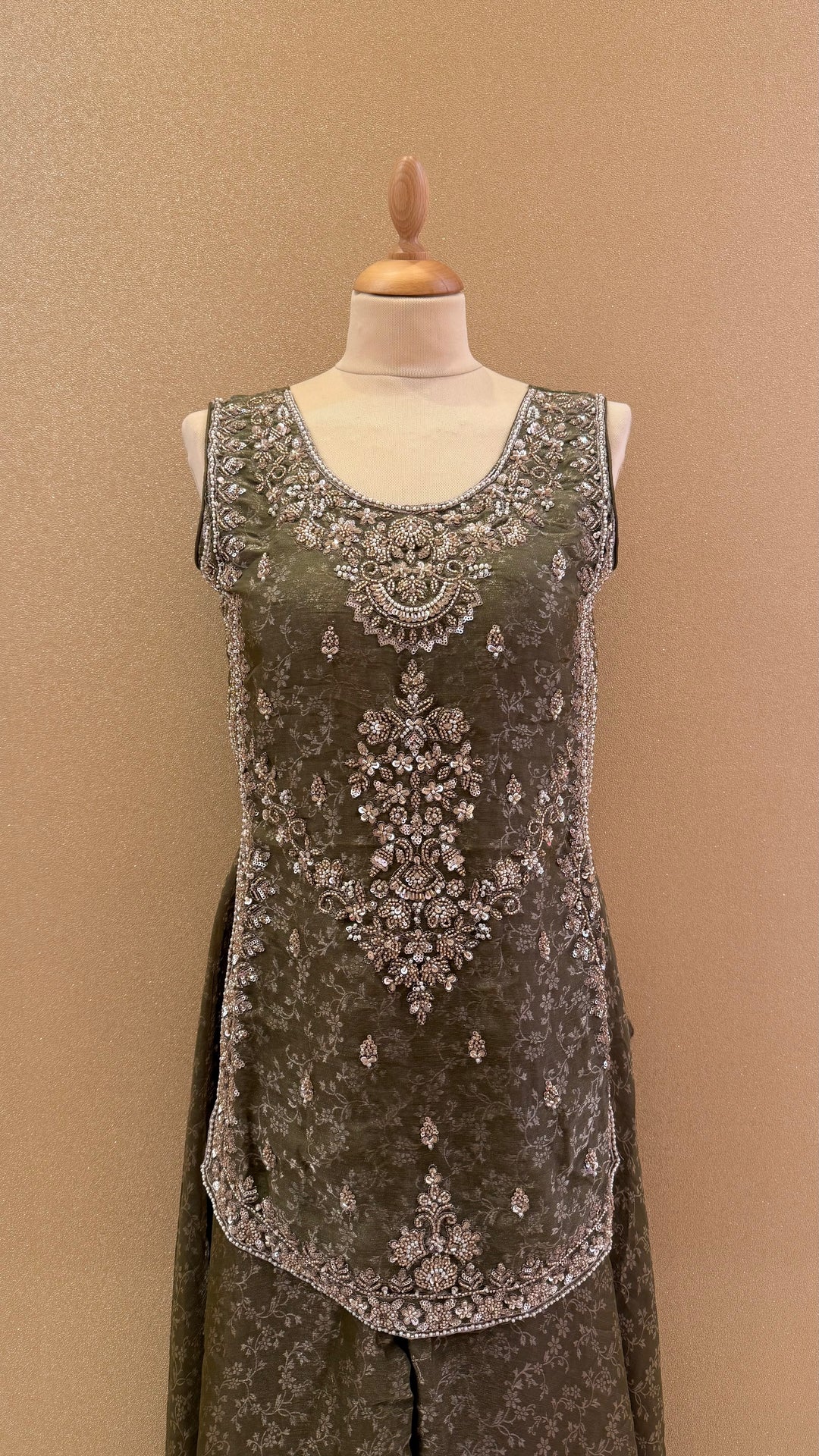 Olive Green Embellished Peplum and Sharara Set| Maya Chabra