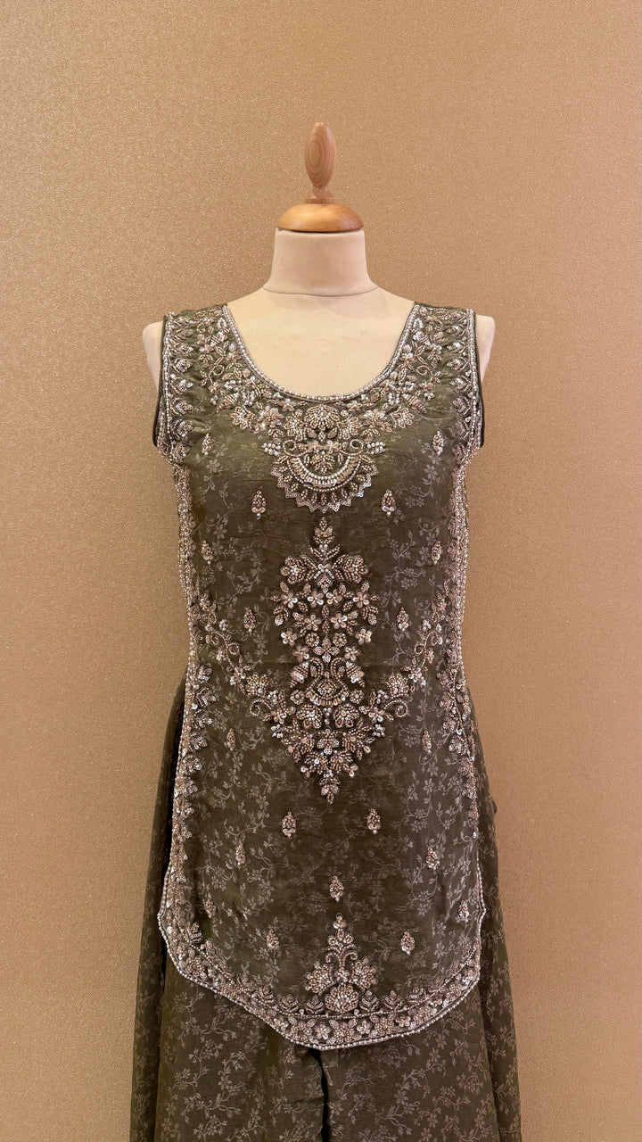 Olive Green Embellished Peplum and Sharara Set| Maya Chabra