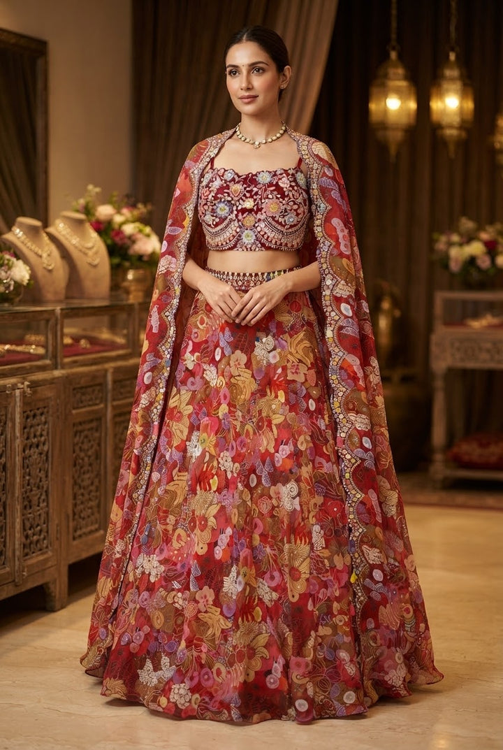 Marina Bohomian Floral Red,Yellow Lehenga and Cape Set | Inaayat by Divya Taimni