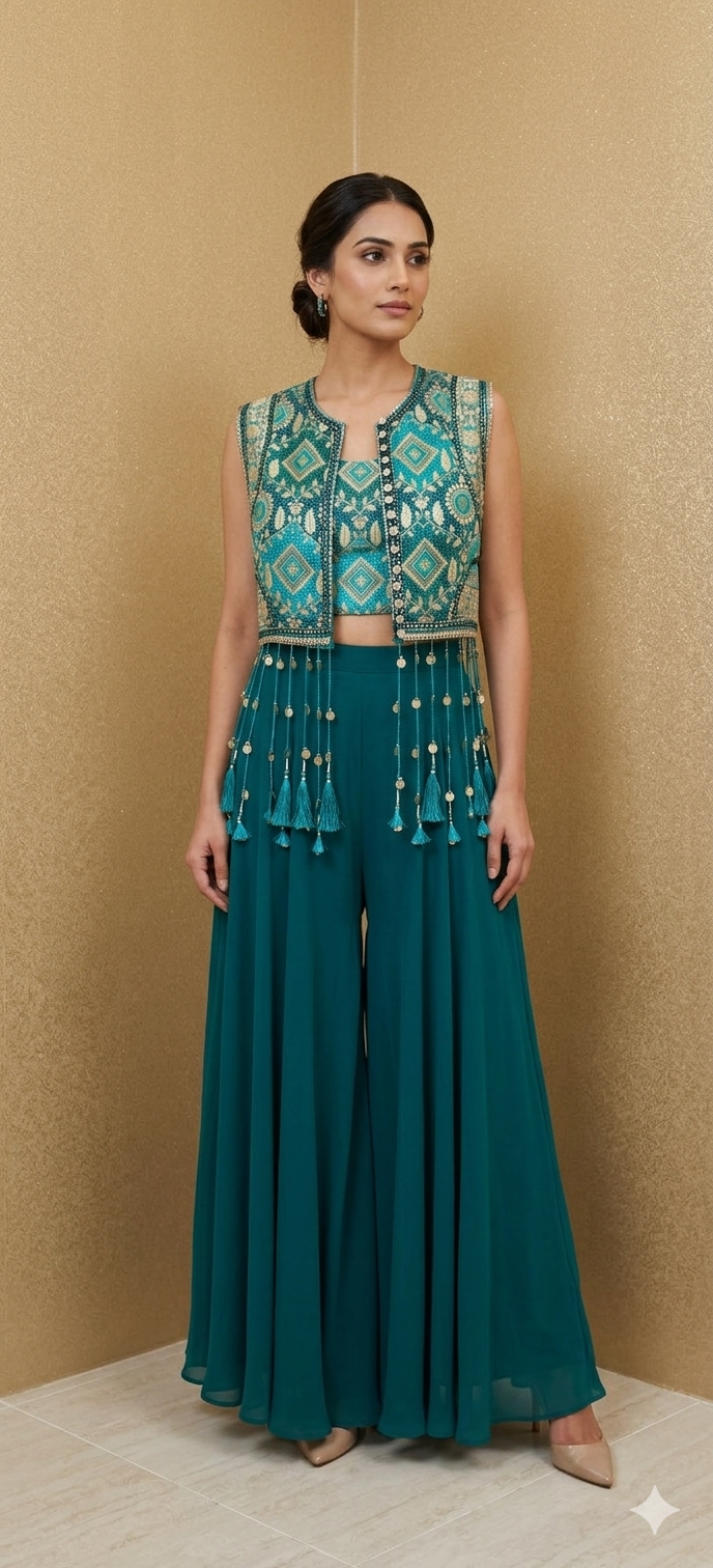 Rama Green Bandhani Gilet with Tassels, Tube and Georgette Sharara| Private Collections