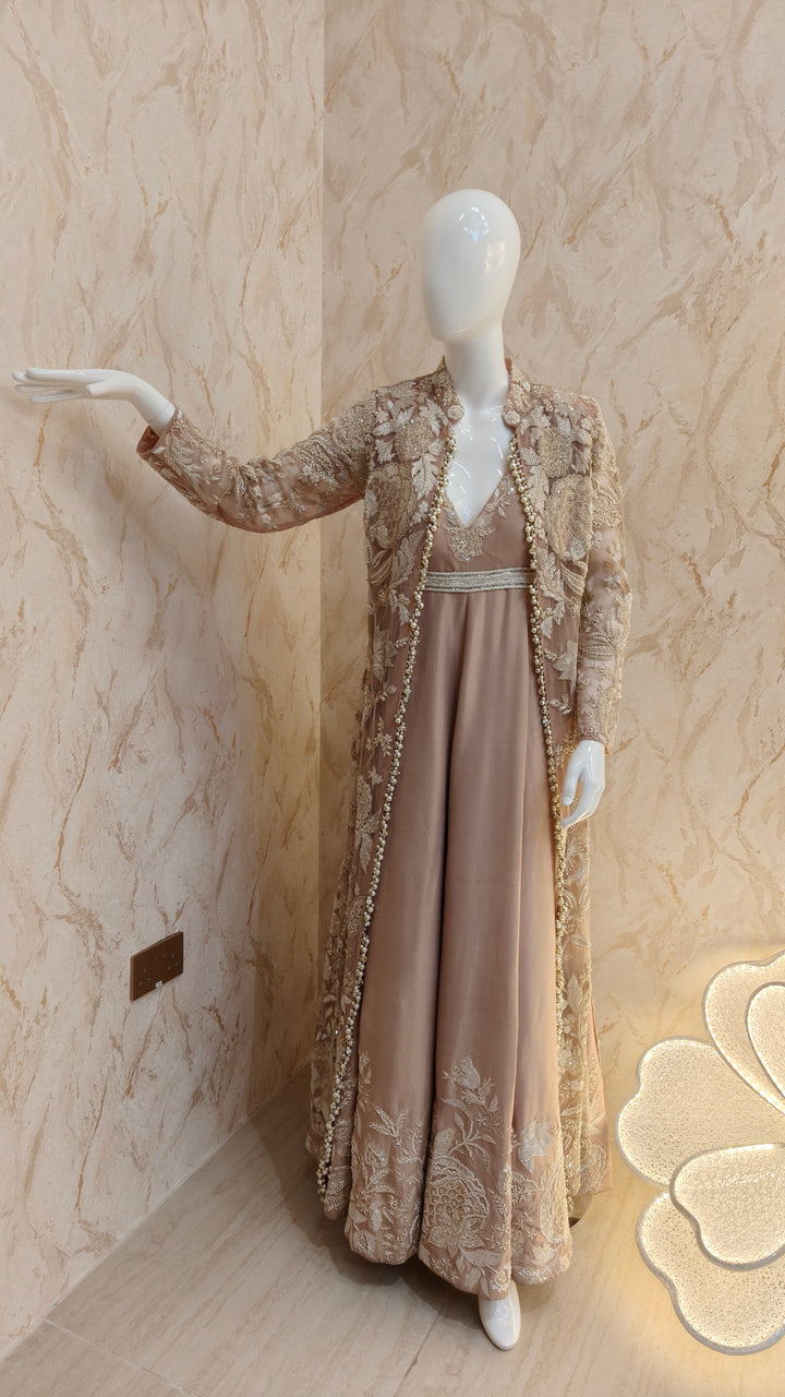 Peach Embroidered Anarkali Set with Jacket |VARUN BAHL