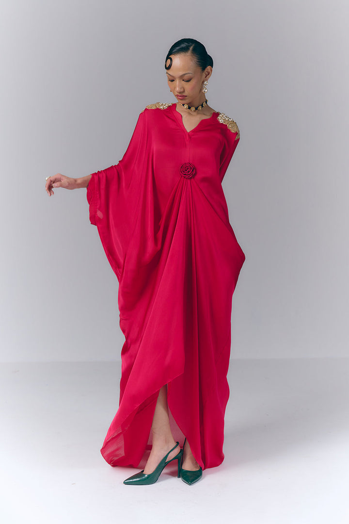 Rani Pink Applique Draped Kaftan|VARUN BAHL