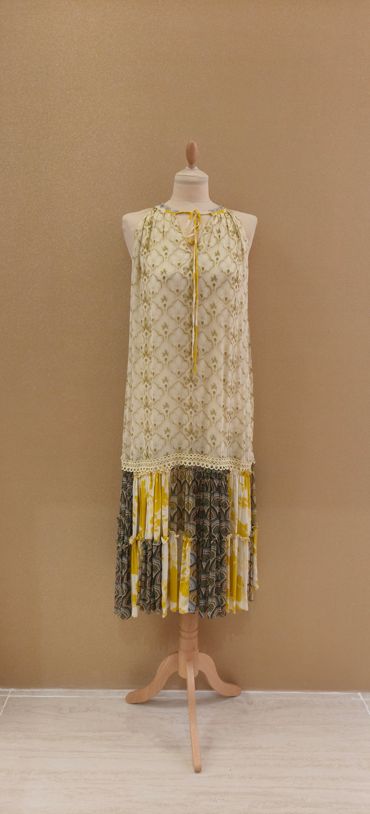 Yellow & Off-White Tiered Dress|VARUN BAHL