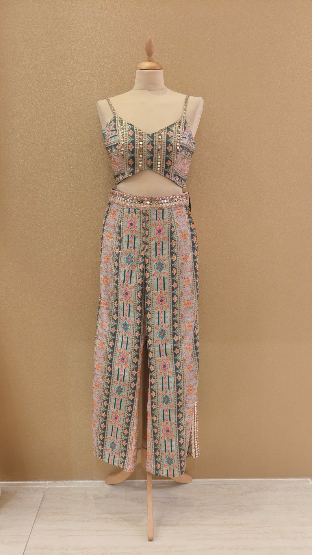 Grey Printed Crop Top & Slit Pants Set| Private Collection