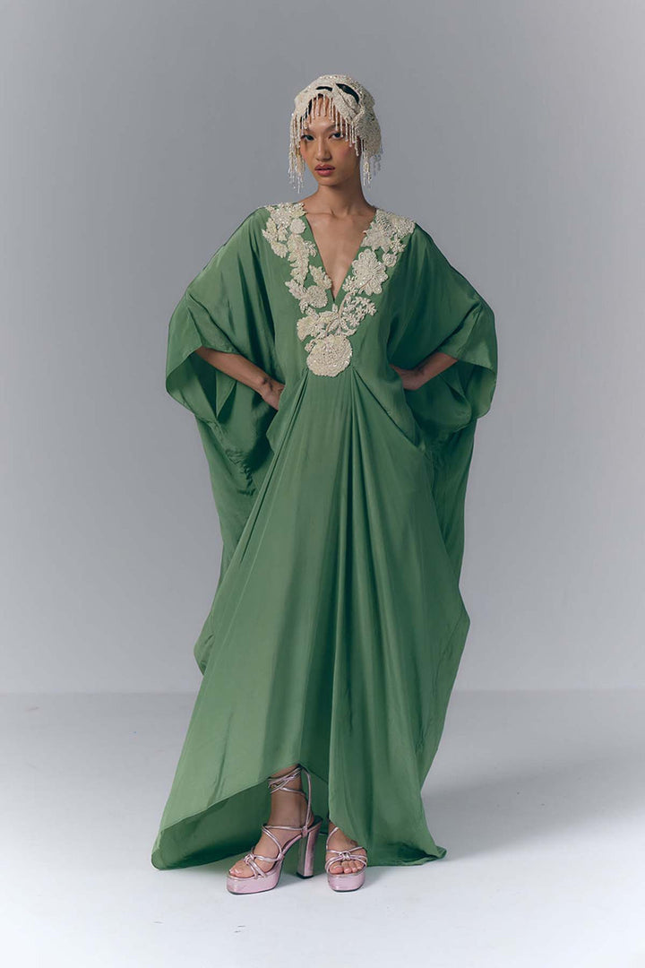 Sage Green Embroidered Draped Kaftan |VARUN BAHL