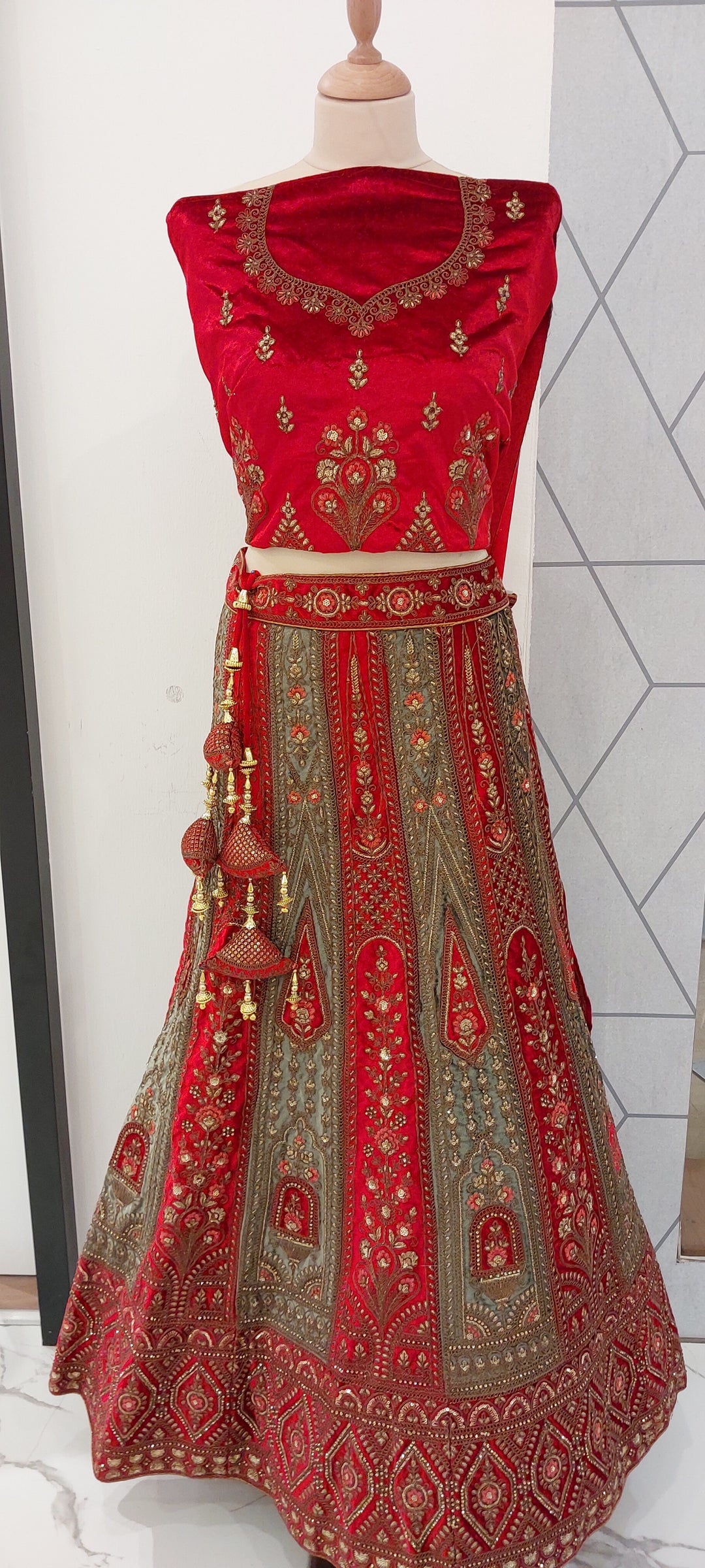 Royal Crimson & Olive Velvet Zardozi Bridal Lehenga Set  Inaayat by Divya Taimni