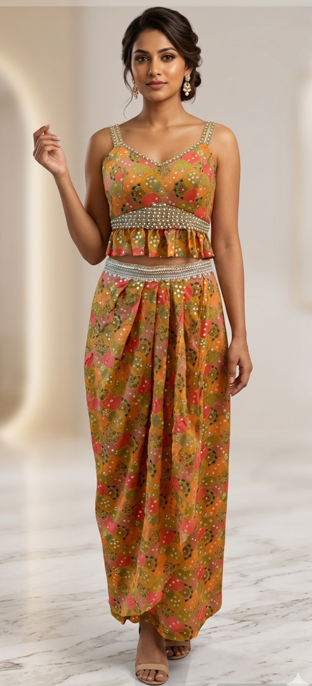 Yellow Printed Peplum Top With a Wrap Skirt and Petticoat| Private Collections