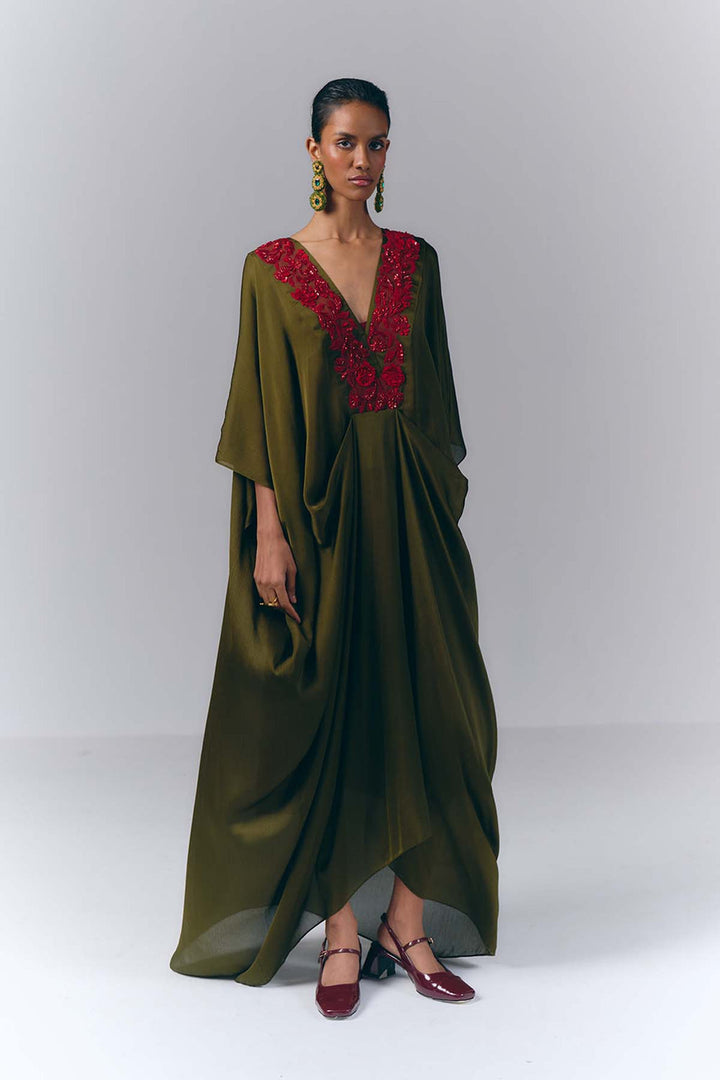 Green Embroidered Draped Kaftan|VARUN BAHL