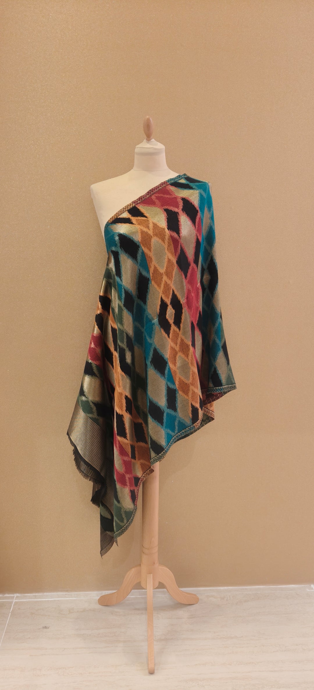Multicolor Jewel Tone Reversable Zari Ikat Scarf |House of Inaayat