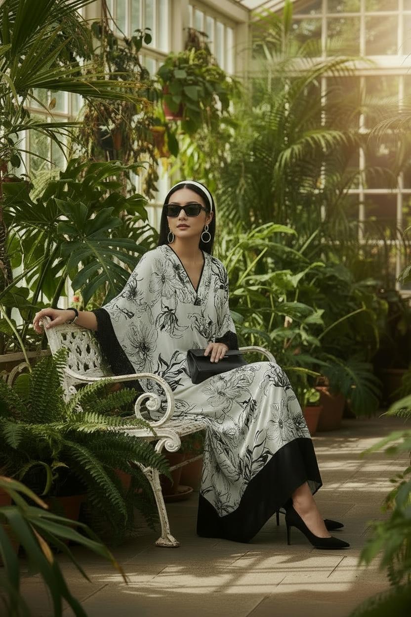 Black & White Floral Print Kaftan |VARUN BAHL
