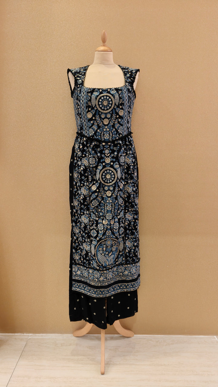 Blue & Beige thread embroidered corsetted kurta with georgette drape & slim slit pants| Private Collection