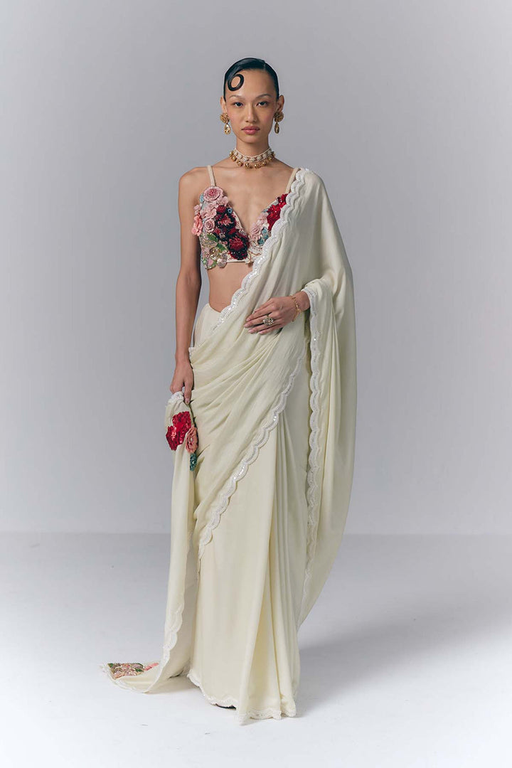 Ivory Blossom Drape Saree Set|VARUN BAHL
