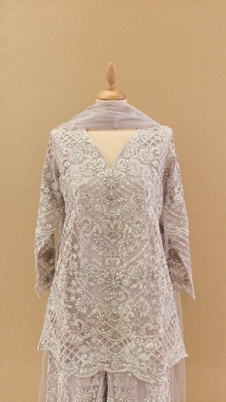 Lilac Net Embroidered Sharara Set| Maya Chabra