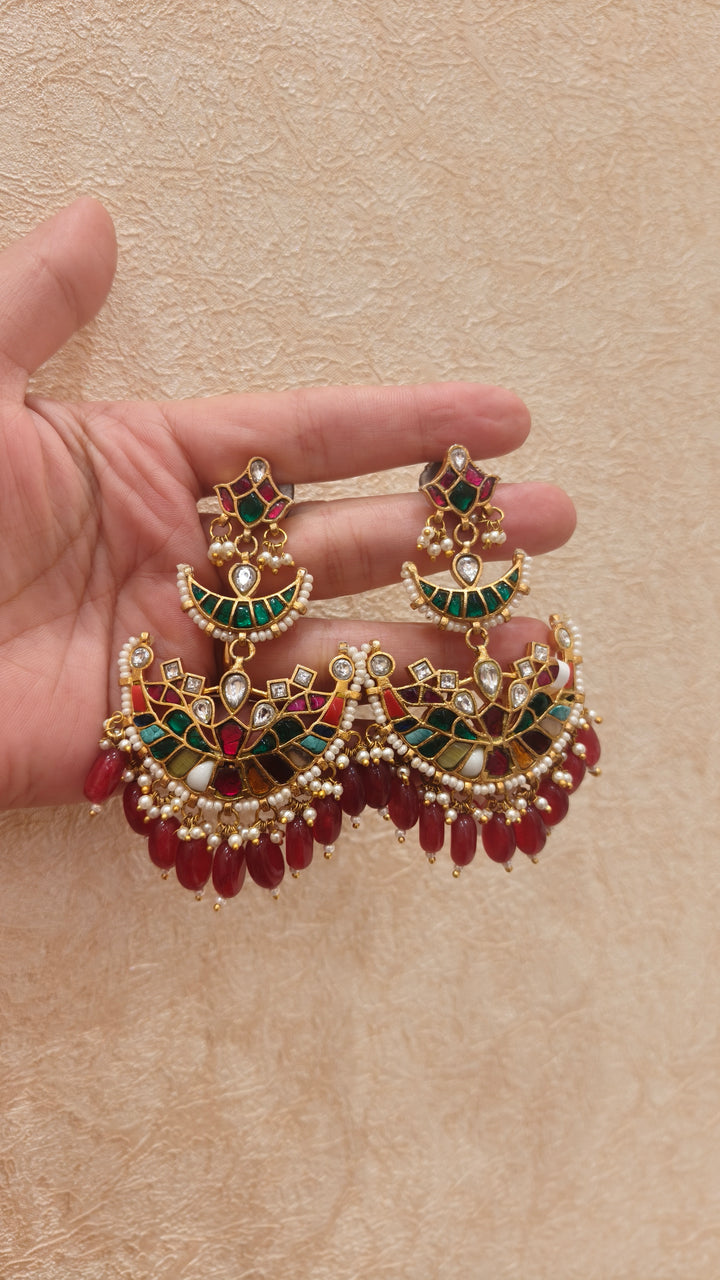 Meenakari & Kundan Chandbali Earrings with Bead Drops|Vivinia by Vidhi Mehra