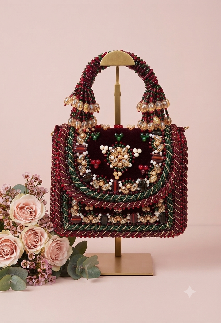 Ornate Maroon and Green Embellished Evening Bag| Al Falah