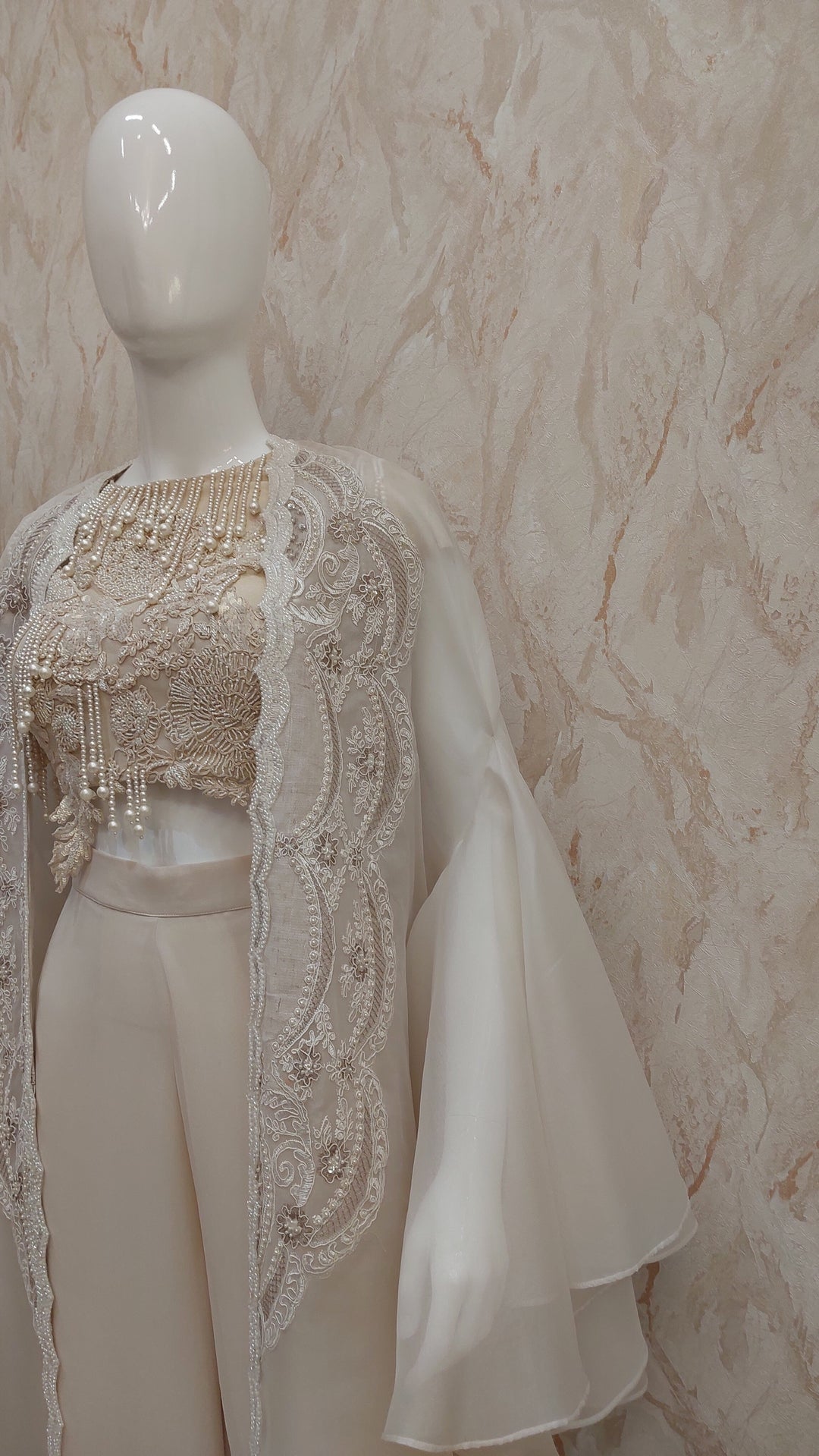Nude Beige Pearl-Embellished Top & Flared Pants with Cape |VARUN BAHL