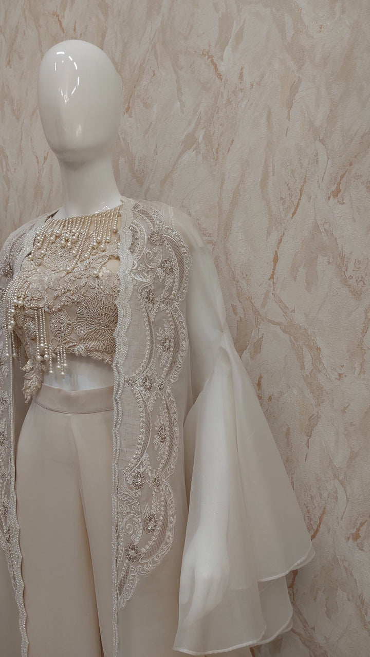Nude Beige Pearl-Embellished Top & Flared Pants with Cape |VARUN BAHL