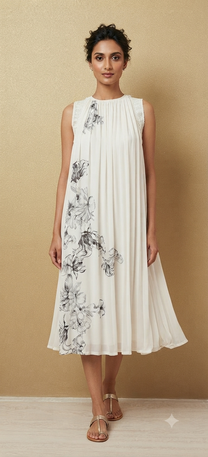 Off-White & Black Floral Pleated Dress|VARUN BAHL