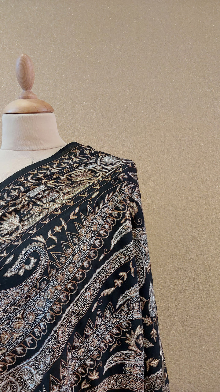 Midnight Black Fine Tilla Embroidered Kashmiri Luxury Shawl |AAMIR