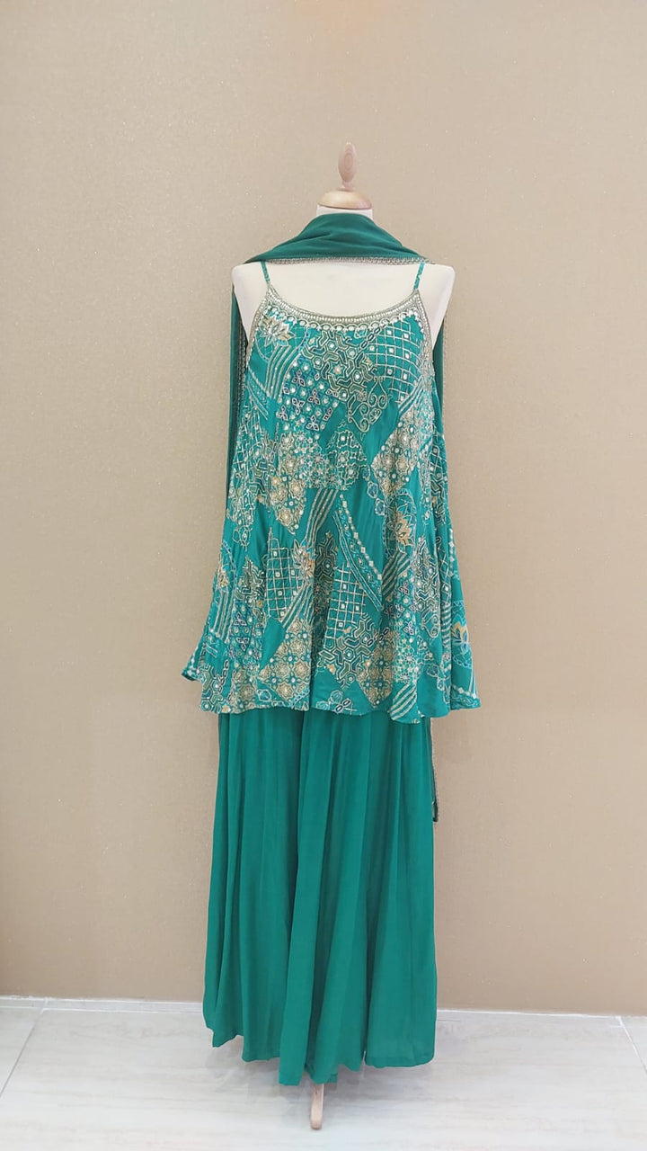 Green Embellished Peplum Top with Matching Sharara Pants and Dupatta| SILK SAGA