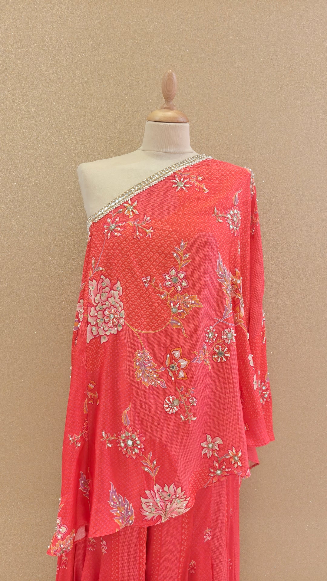 Coral-Pink Embellished Asymmetric Top with Matching Pants | SILK SAGA