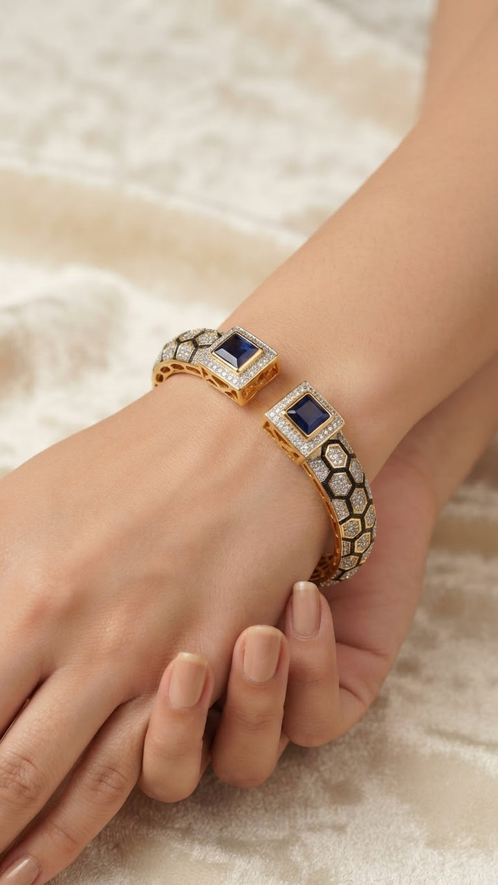 Gold-Plated Blue Stone Open Cuff Kada Bracelet |Vivinia by Vidhi Mehra