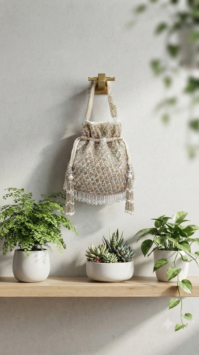 Silver Sequin & Pearl Handcrafted Potli Bag | Al Falah
