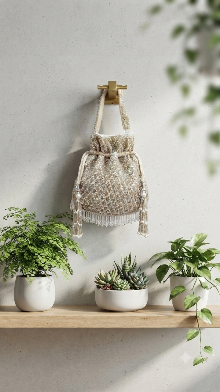 Silver Sequin & Pearl Handcrafted Potli Bag | Al Falah