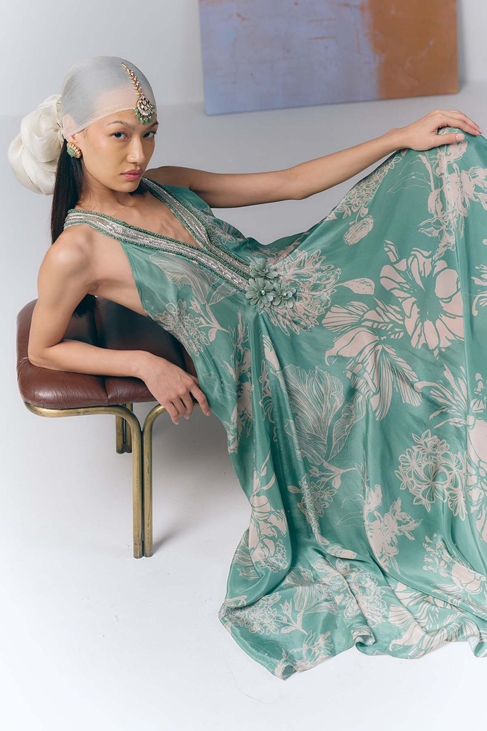 Aqua Whisper printed Long Dress|VARUN BAHL