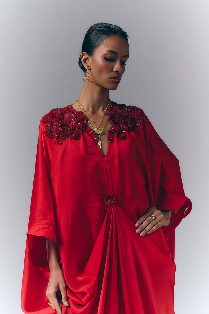 Crimson Draped Kaftan|VARUN BAHL
