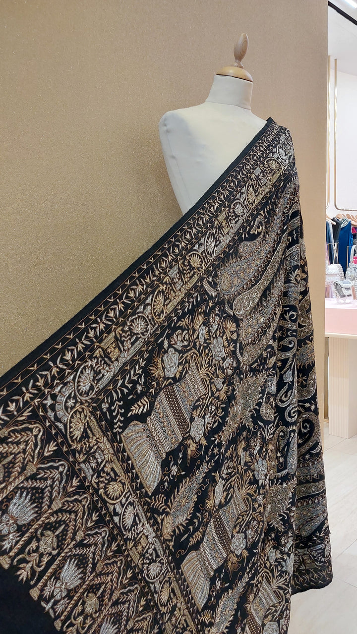 Midnight Black Fine Tilla Embroidered Kashmiri Luxury Shawl |AAMIR