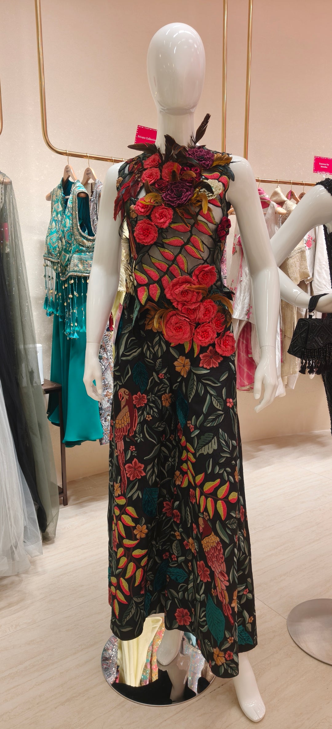 Black Floral Applique & Embroidered Top and Pants Set|VARUN BAHL