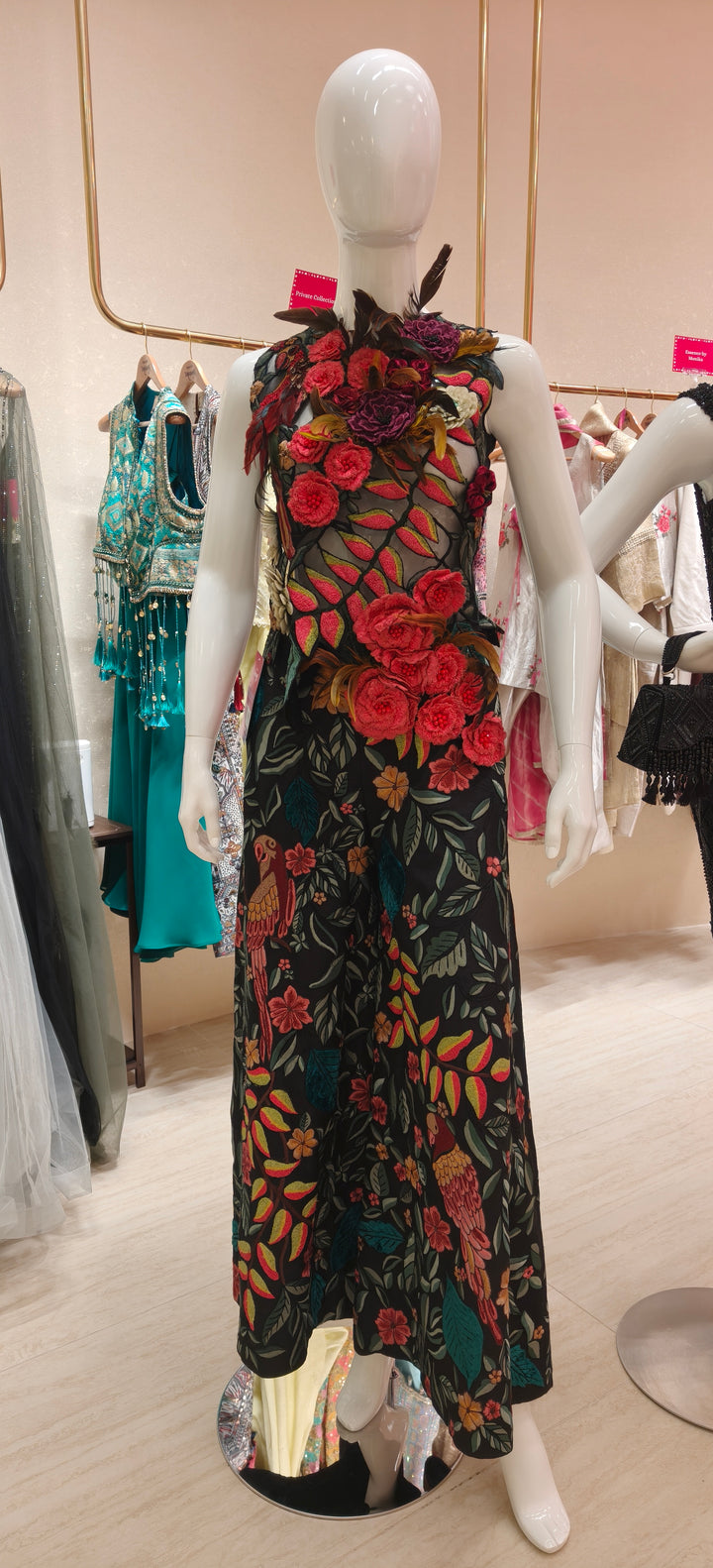Black Floral Applique & Embroidered Top and Pants Set|VARUN BAHL