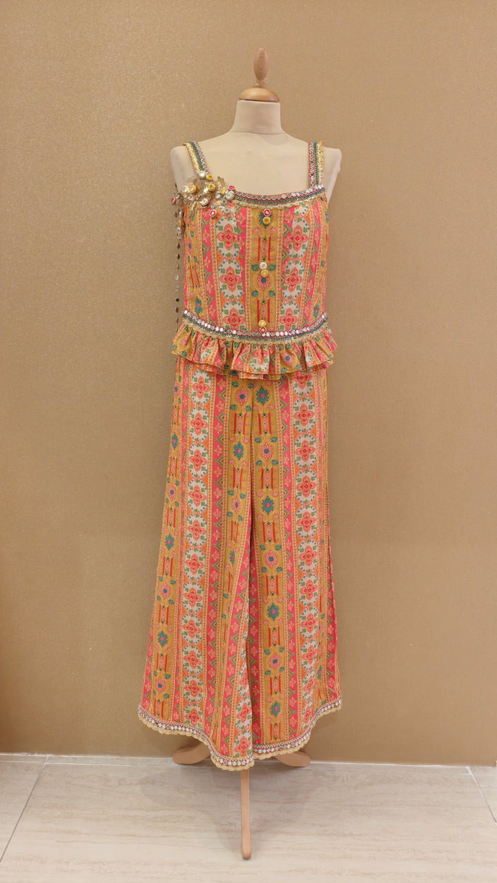 Yellow Printed Frill Top & Straight Pants Set| Private Collection