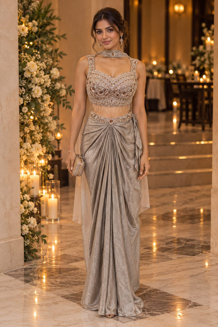 Metallic Silver Draped Skirt with Matching Choker Dupatta| Maya Chabra