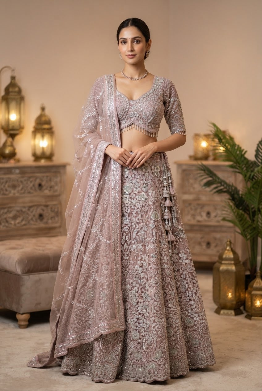 Shagun Pink Floral Ornately Beaded Sequins Lehenga Set |Inaayat by Divya Taimni