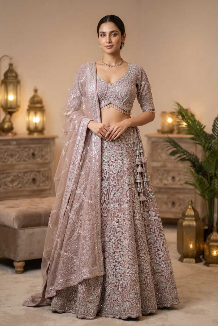 Shagun Pink Floral Ornately Beaded Sequins Lehenga Set |Inaayat by Divya Taimni