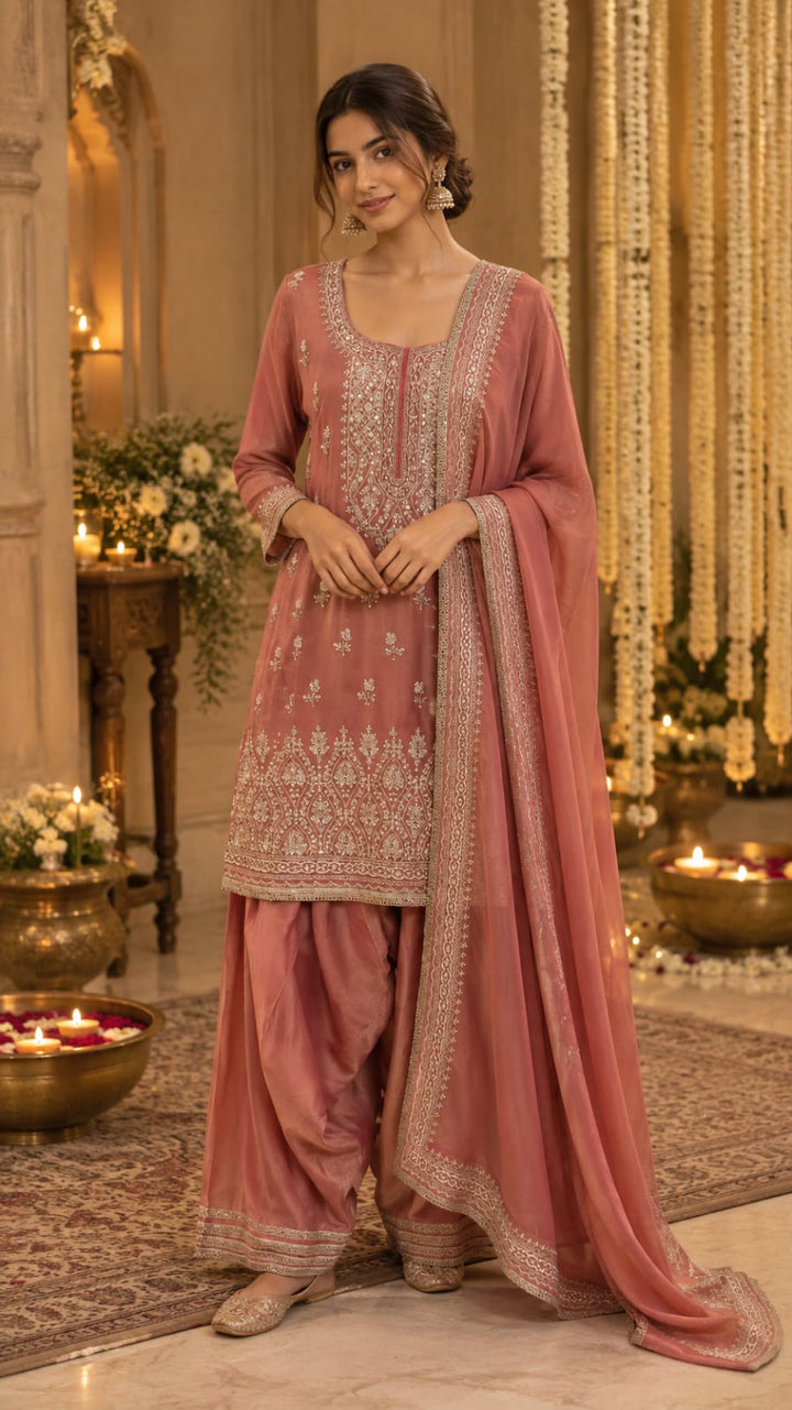 Peach Pink Embroidered Gharara Set|Maya Chabra