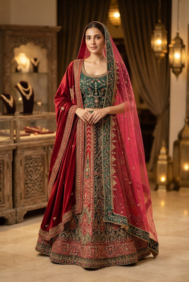 Emerald and Ruby Velvet Heritage Lehenga Set | Inaayat by Divya Taimni