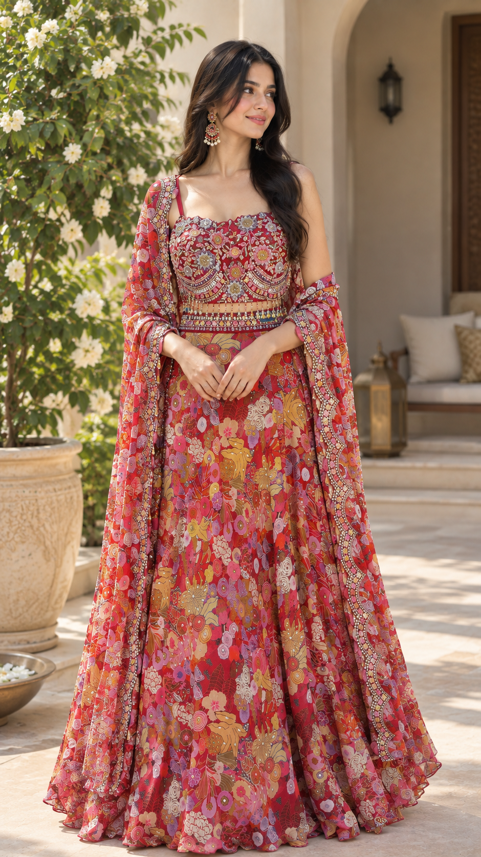 Marina Bohomian Floral Red,Yellow Lehenga and Cape Set | Inaayat by Divya Taimni
