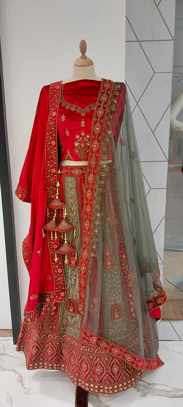 Royal Crimson & Olive Velvet Zardozi Bridal Lehenga Set  Inaayat by Divya Taimni