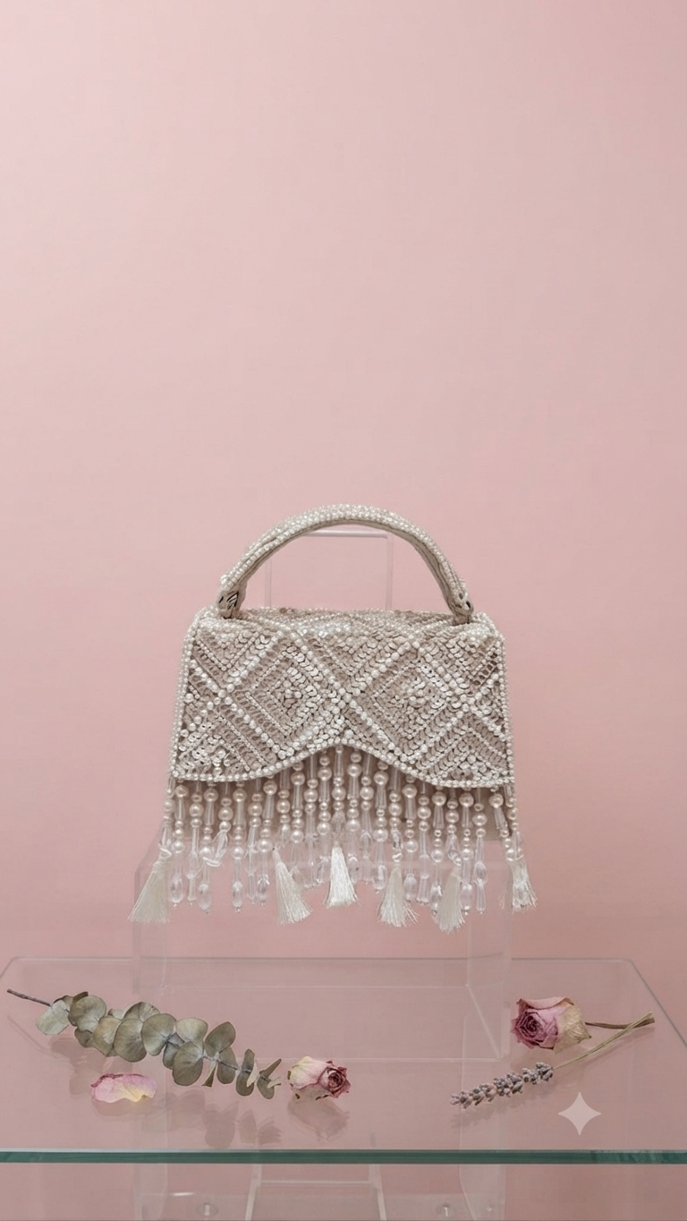 Shimmering Pearl and Crystal Beaded Evening Bag| Al Falah