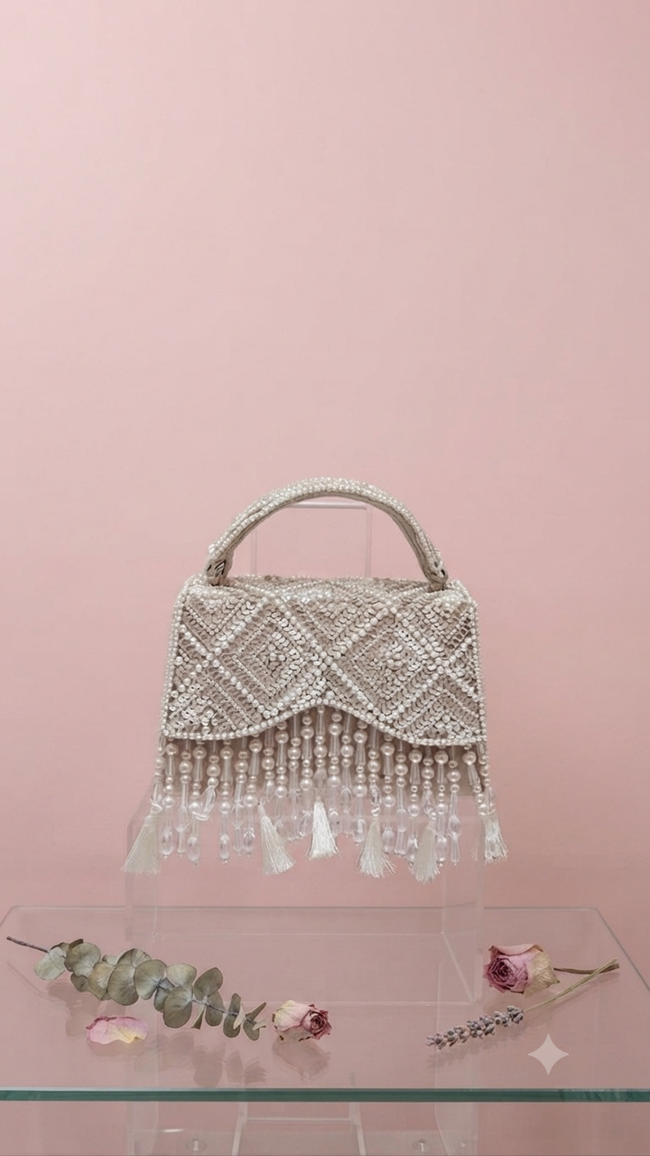 Shimmering Pearl and Crystal Beaded Evening Bag| Al Falah