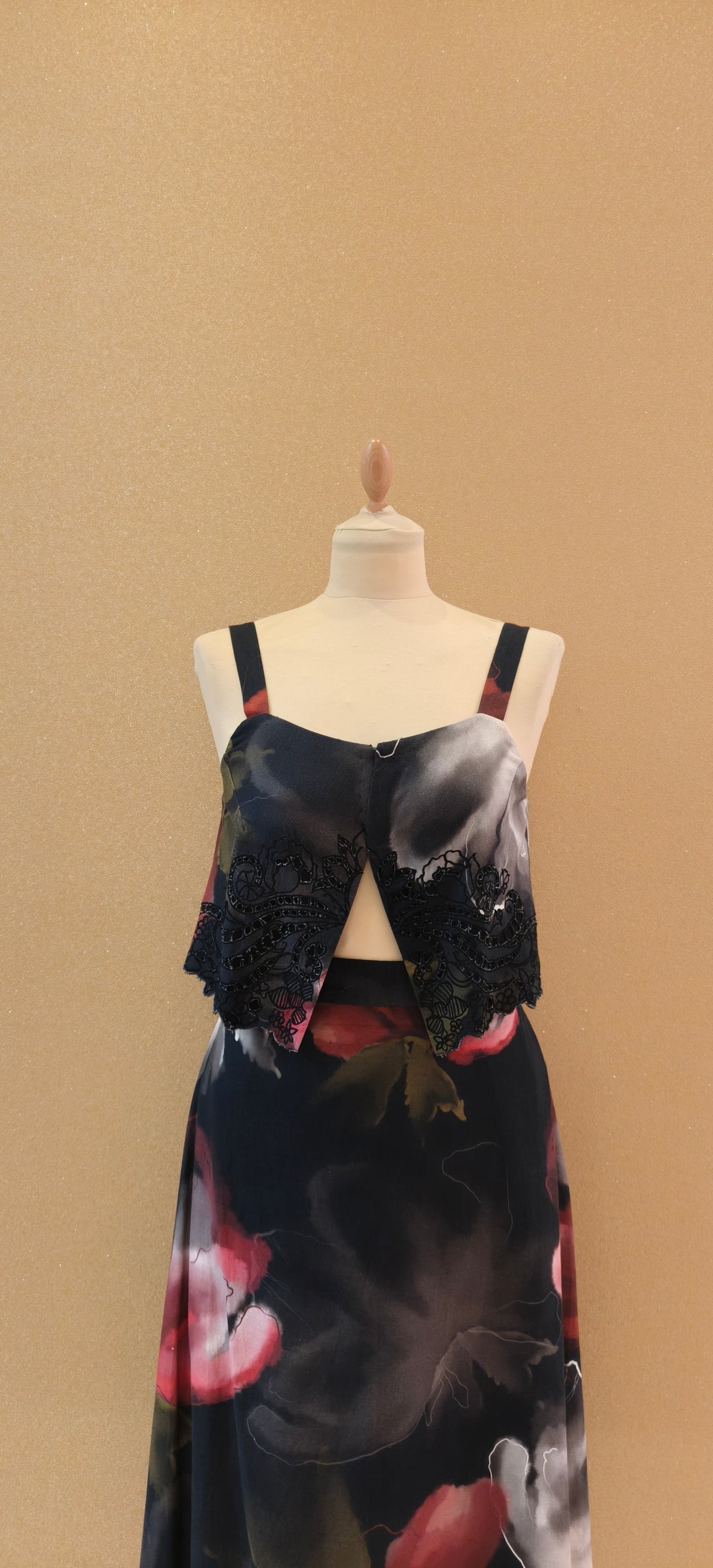Black Floral Print Crop Top & Skirt Set |VARUN BAHL