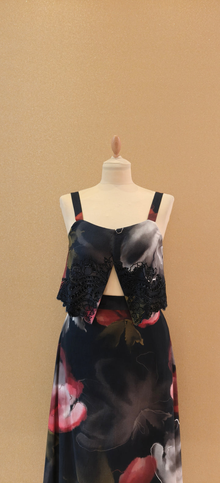 Black Floral Print Crop Top & Skirt Set |VARUN BAHL