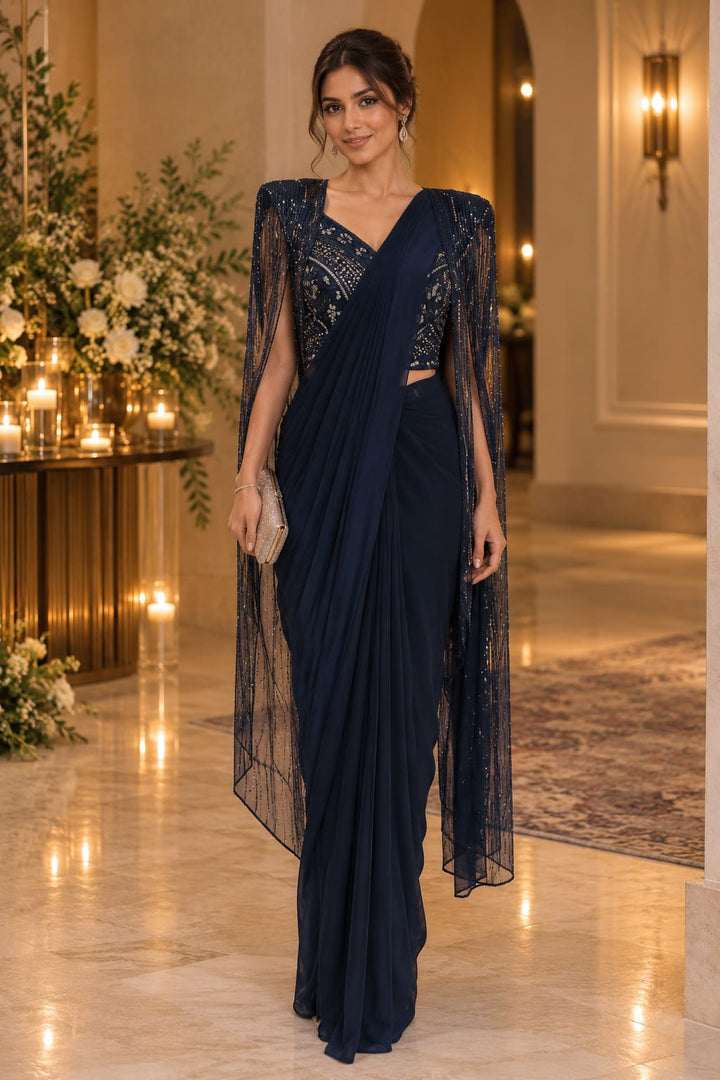 Midnight Blue Embellished Pre-Draped Saree with Matching Cape | Maya Chabra